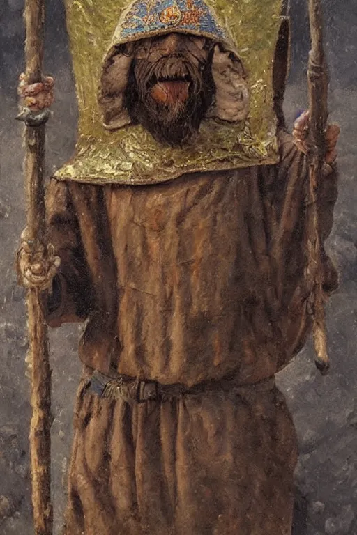 Image similar to slavic dog head man, woolen torso in medieval clothes, building a house, orthodox saint christopher, oil painting, painting by viktor vasnetsov, painting by viktor whimmy, concept art, hyperrealism, beautiful, high resolution, trending on artstation,