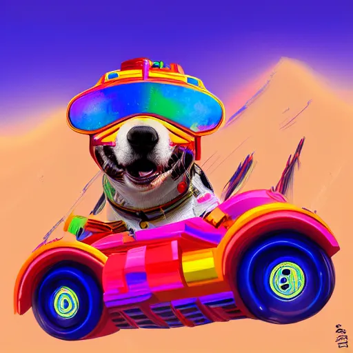 Image similar to A dog wearing goggles driving a brightly coloured tank in a desert, ultra detailed, digital art, 4K