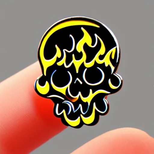 Prompt: a retro minimalistic laughing joyful skull with fire flame enamel pin, hd, concept art