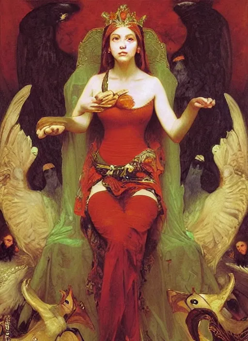 Image similar to oil painting of a portrait of Vulvina, queen of Ecstasy in a large throne room, Hungarian, by Bouguereau, by Georgia o Keeffe, by Gustave Moreau!!!