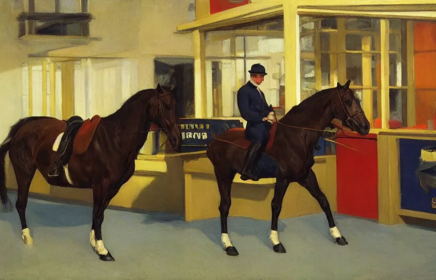 Image similar to a confused horse in a best buy, american realism style, edward hopper, george bellows, bo bartlett, jamie wyeth