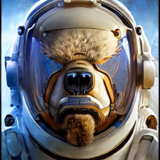 Image similar to detailed science - fiction character portrait of a grizzly bear space robot suit, intricate, wild, highly detailed, digital painting, artstation, concept art, smooth, sharp focus, illustration, art by artgerm and greg rutkowski and alphonse mucha