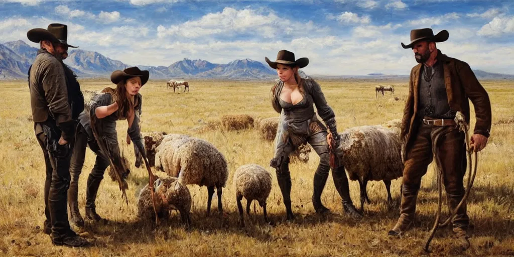 Prompt: oil painting of Dave Bautista and Mila Jovovich in the old west examining dead sheep on their ranch