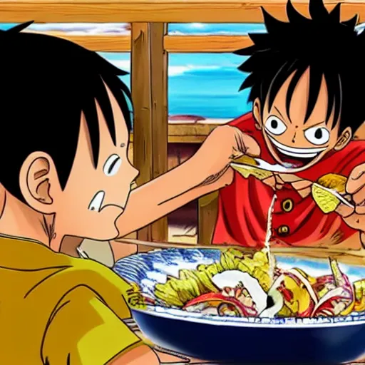 Prompt: Luffy eating ceviche