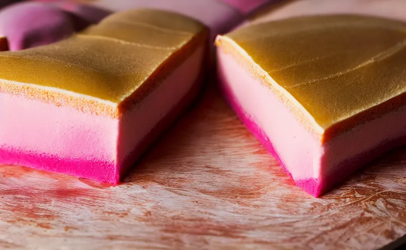 Image similar to A photo of a swedish cake from the side on a wooden table, covered with pink marzipan, some powder sugar and a marzipan leaf. Sunset. 4K. Cinematic lighting. High detail. Realistic. Delicious.