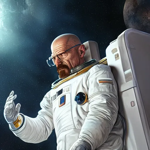 Image similar to walter white in a astronaut suit, intricate, highly detailed, digital painting, artstation, concept art, smooth, sharp focus, illustration, unreal engine 5, 8 k, art by artgerm and greg rutkowski and alphonse mucha