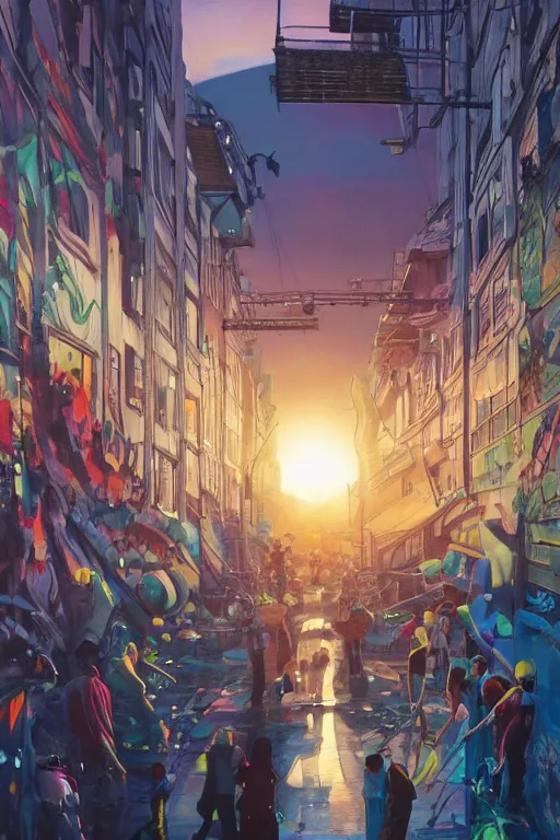 Prompt: people in a busy city people looking at a white building covered with a 3d graffiti mural with paint dripping down to the floor, professional illustration by artgerm, painterly, yoshitaka Amano, hiroshi yoshida, moebius, loish, painterly, and james jean, illustration, sunset lighting