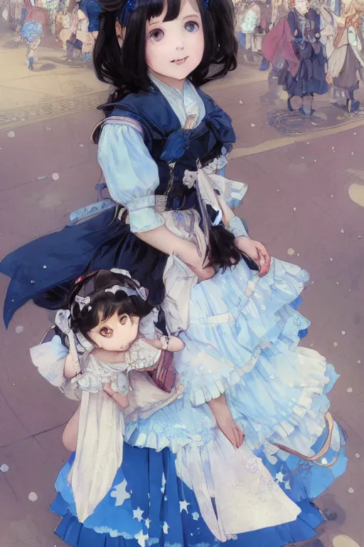 Image similar to a character design of black - haired little girl in a blue lolita dress with stars and petticoat holding a doll sitting on the subway by krenz cushart and mucha and akihito yoshida and greg rutkowski, detailed eyes, 4 k resolution