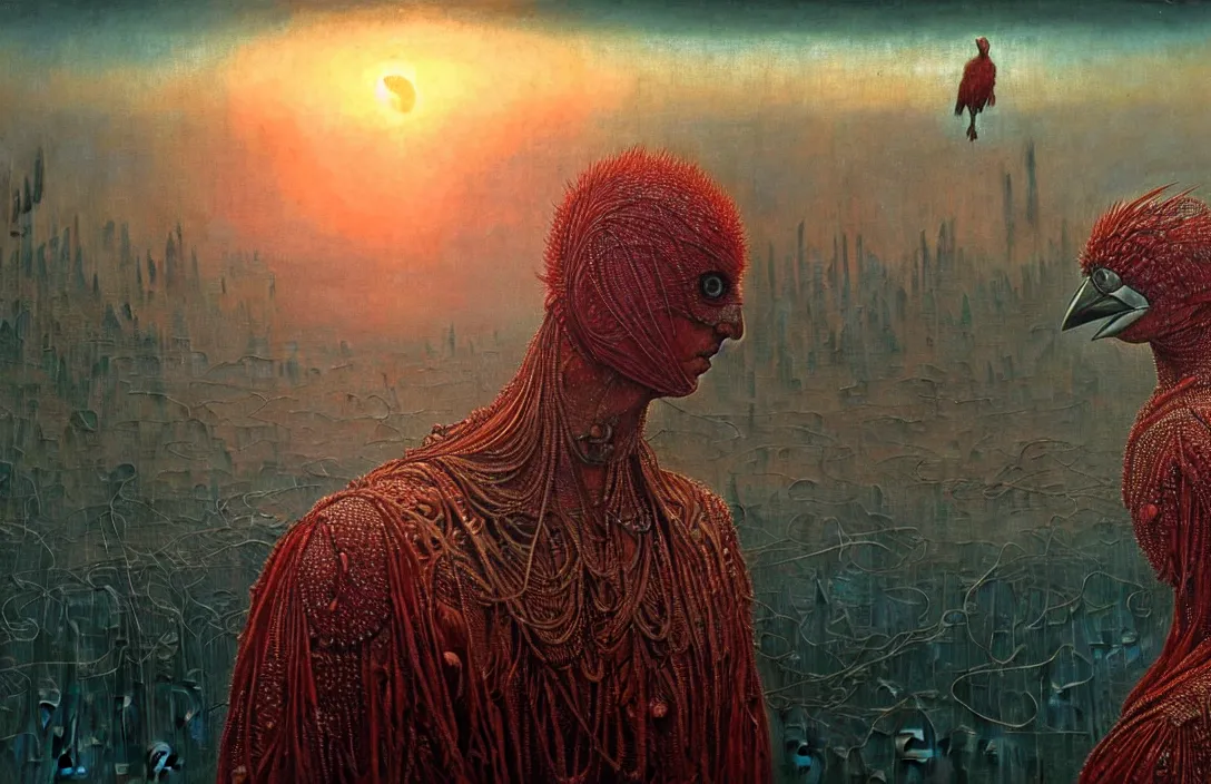 Image similar to realistic detailed portrait movie shot of a birdman wearing dark ragged robes, futuristic city sunset landscape background by denis villeneuve, amano, yves tanguy, alphonse mucha, ernst haeckel, max ernst, roger dean, ridley scott, dynamic closeup composition, rich moody colours, blue eyes, man with a giant birdhead