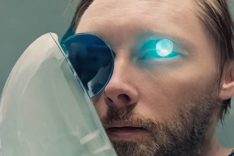 Image similar to thom yorke singer songwriter in a reflective space helmet, helmet filling up with water, video art, anamorphic lens flare, datamosh, beautiful blue eyes, eyes reflecting into eyes reflecting into infinity, eyes reflecting into eyes reflecting into infinity