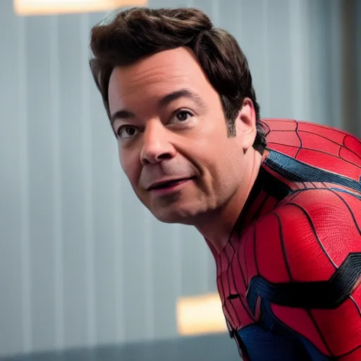 Image similar to jimmy fallon as spider man, spider - man homecoming movie, movie still, 8 k