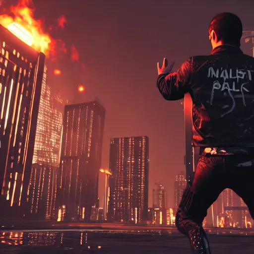 Image similar to man from behind with black colored flames coming out of hands flying away in a cyberpunk city, very detailed, realistic, symmetrical face, art by GTA 5,