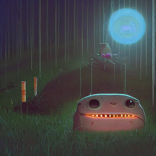 Image similar to all glory to the hypnotoad, by simon stalenhag