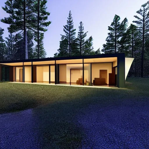 Image similar to a modern house in the woods. the house is the shape of a mobius strip with large picture windows. there are pine trees all around. digital art, 3 d render.