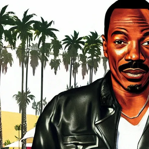 Image similar to Eddie Murphy in GTA V. Los Santos in the background, palm trees. In the art style of Stephen Bliss