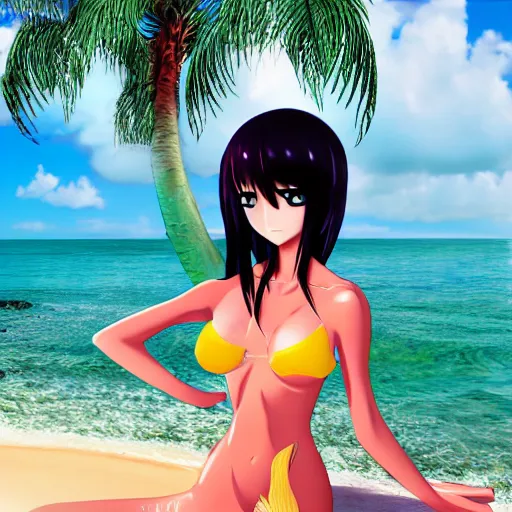 Prompt: anime cyber mermaid on the beach of a tropical island