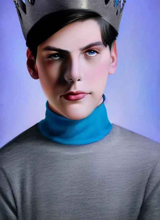 Image similar to portrait of teenage jughead jones wearing a light grey crown, crown, blue turtleneck, 1 9 5 0 s, closed eyes, photorealistic, black hair, glowing lighting, intricate, elegant, glowing lights, highly detailed, digital painting, artstation, concept art, smooth, sharp focus, illustration, art by wlop, mars ravelo and greg rutkowski