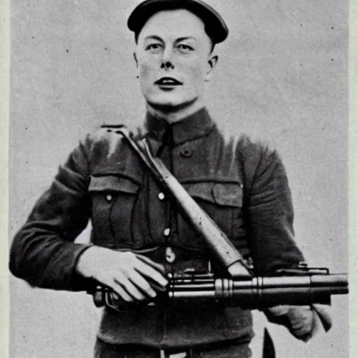 Image similar to old wartime photograph of elon musk holding a lewis gun, 1 9 1 7