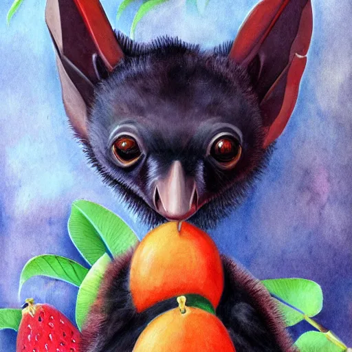 Prompt: neotropical fruit bat, digital art, high quality, illustration, museum, oil painting, sticker,