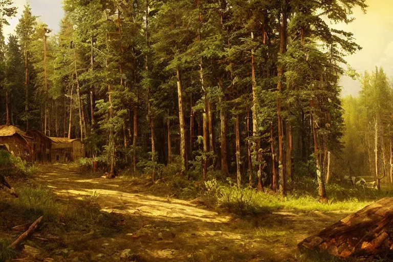 Image similar to A beautiful painting of russian village in dark forest by ivan shishkin and arkhip kuindji, trending on artstation,matte painting