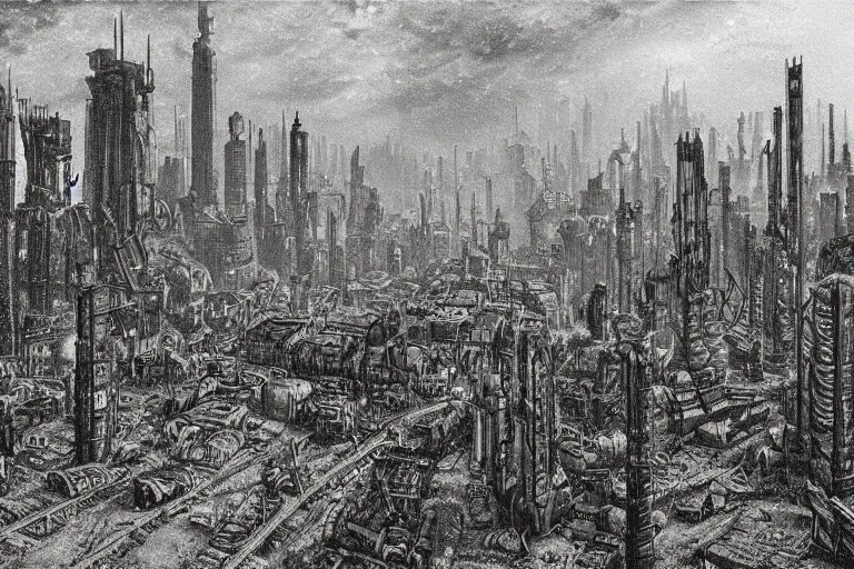 Prompt: dieselpunk city in the style of jean francois millet