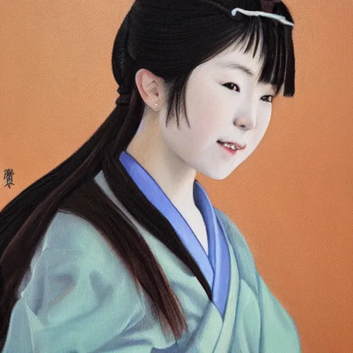 Image similar to a painting of Japanese schoolgirl, clothed, realism and naturalism