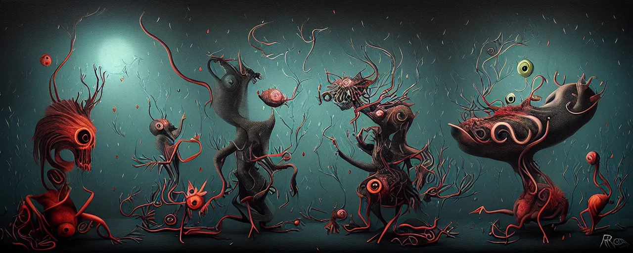 Image similar to whimsical alchemical creatures, surreal dark uncanny painting by ronny khalil