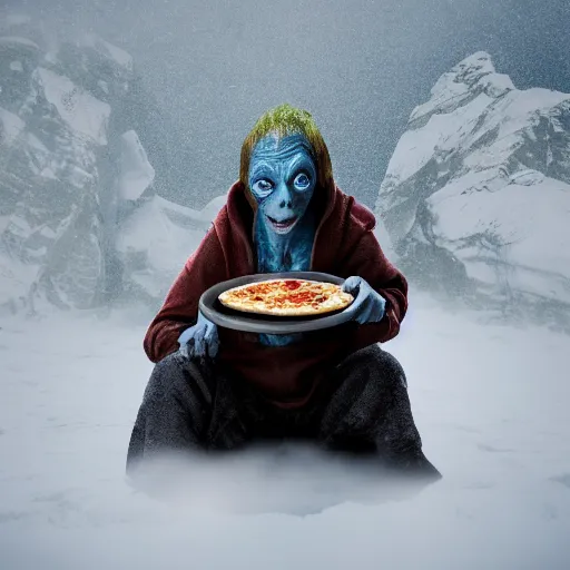 Image similar to Gollum is standing on all four, crouched protectively over his pizza. The pizza is on the snow covered ground beneath him. Gollum is looking straight into the camera and has a fierce look on his face, eyes bulging, mouth snarling. Dramatic backlight, dark sky, nighttime photography, blue hour, ISO1200, 50mm lens, wide shot.