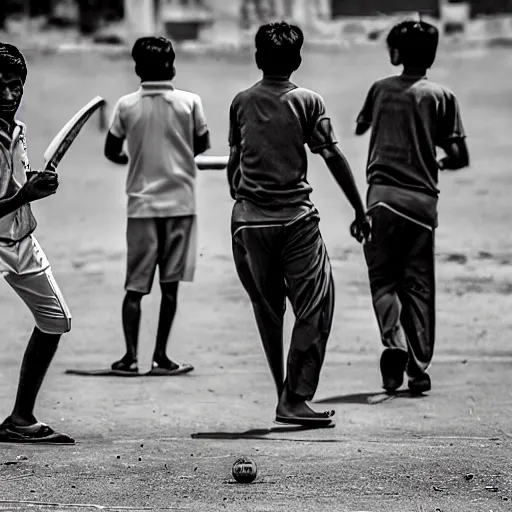 Image similar to four tamil friends playing a game of cricket, on an indian street, award winning image, national geographic, dslr image, black and white