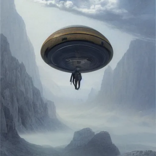 Image similar to portrait of photorealistic UFO in the dolomites, centered, digital painting, artstation, concept art, by donato giancola, Sean Yoro, Greg Rutkowski, trending on Artstation, Joseph Christian Leyendecker, WLOP, Boris Vallejo, dark, moody, foggy