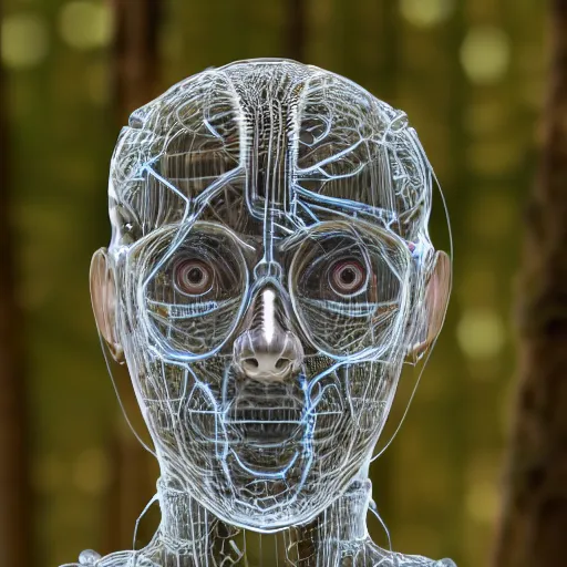 Image similar to very detailed portrait 55mm photo of a mechanical head without skin, with crystal bones and optic fiber nerves, gears in his head and cybernetic enhancements no plating. Packed with cybernetics. Has cameras for eyes. In the forest with bokeh. Ray tracing and tessellation. Very sharp high detailed 8k image