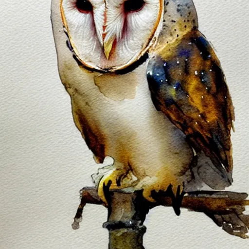 Image similar to a barn owl, watercolor with dripping paint, soft colors, style of anders zorn