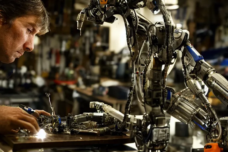 Image similar to cinematography closeup portrait of a Man soldering repairing robot parts in his garage by Michael Bay