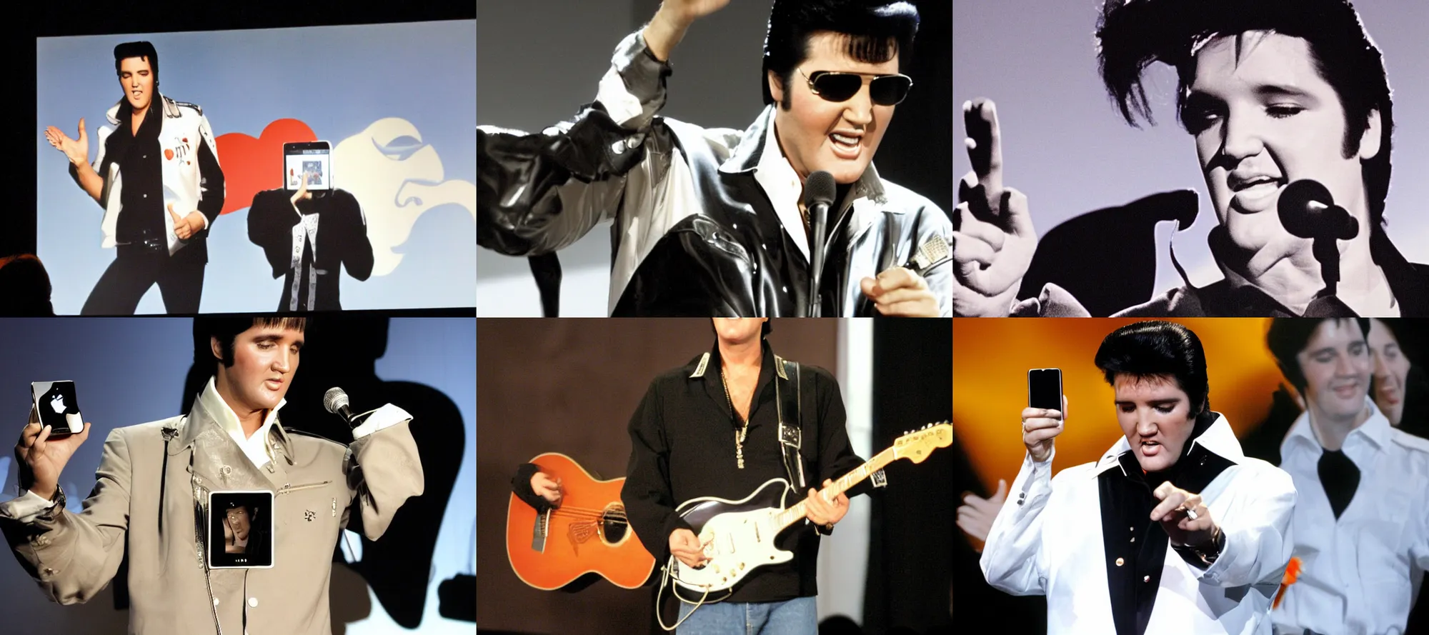 Prompt: elvis presley introducing the iphone on stage at macworld 2 0 0 7