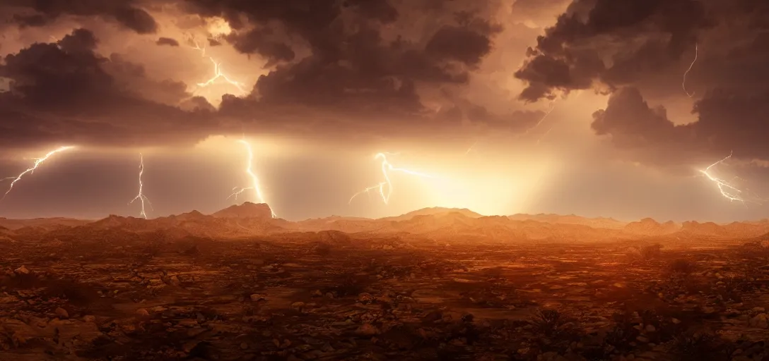 Image similar to a beautiful picture of a desert, intricate detail, god rays, an extremely close lightning strike, sunset, serene, volumetric lighting, volumetric clouds, 8 k, hyperrealistic, digital art trending on artstation