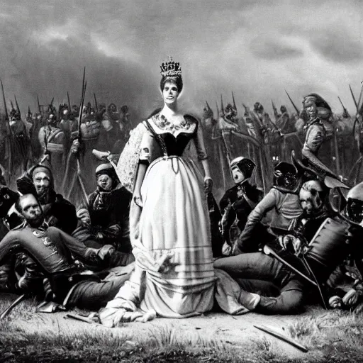 Image similar to a potrait of queen of europe in the middle of bloody battlefield, taken in 1 8 7 0, black and white, kodak