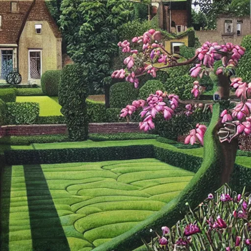 Prompt: Hyperrealism traditional english garden painting by MC Escher