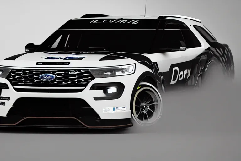 Prompt: Ford Explorer 2022. Ford Explorer GT Le Mans car racing on dimly lit track overcast skies raining headlights illuminating track, volumetric lighting cinematic vray photo muted colors dark cinematic. front side view uncropped centered. artstation trending dramatic harsh lighting low exposure
