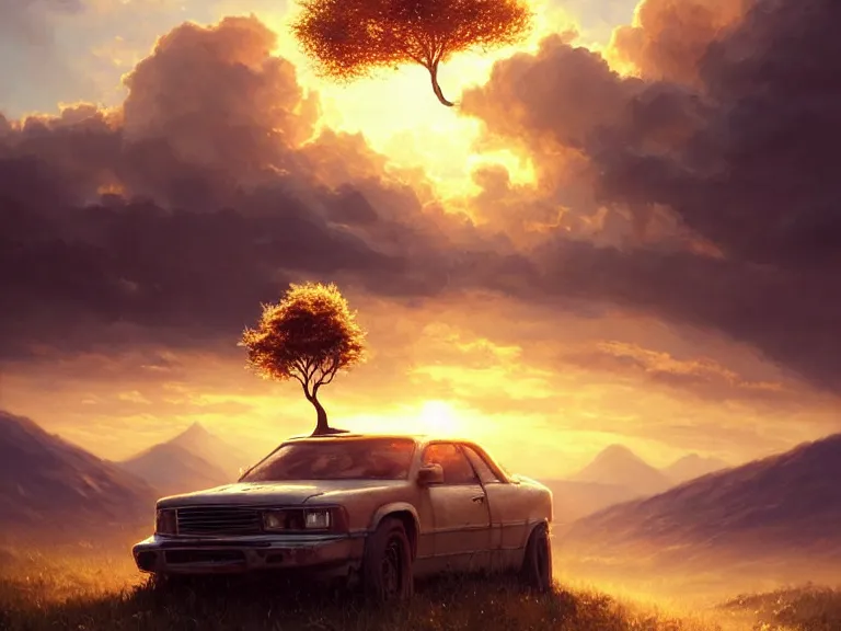 Prompt: a tree growing on a scrap car, soft golden sunset, clouds, mountains in the background, hyperrealistic, highly detailed, cinematic, ray of golden sunlight, beautiful, cgsociety, artstation, 8 k, oil painting by greg rutkowski, by artgerm, by wlop