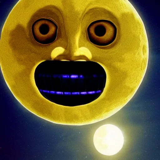 Prompt: Moon from Majora‘s Mask in the night sky over an modern European city, news report, dramatic, scary