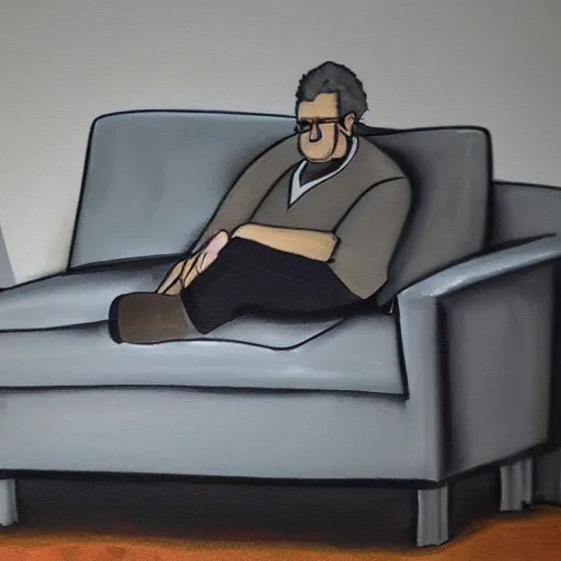 Image similar to dr. katz sitting down in grey sofa chair, photorealistic, high detail