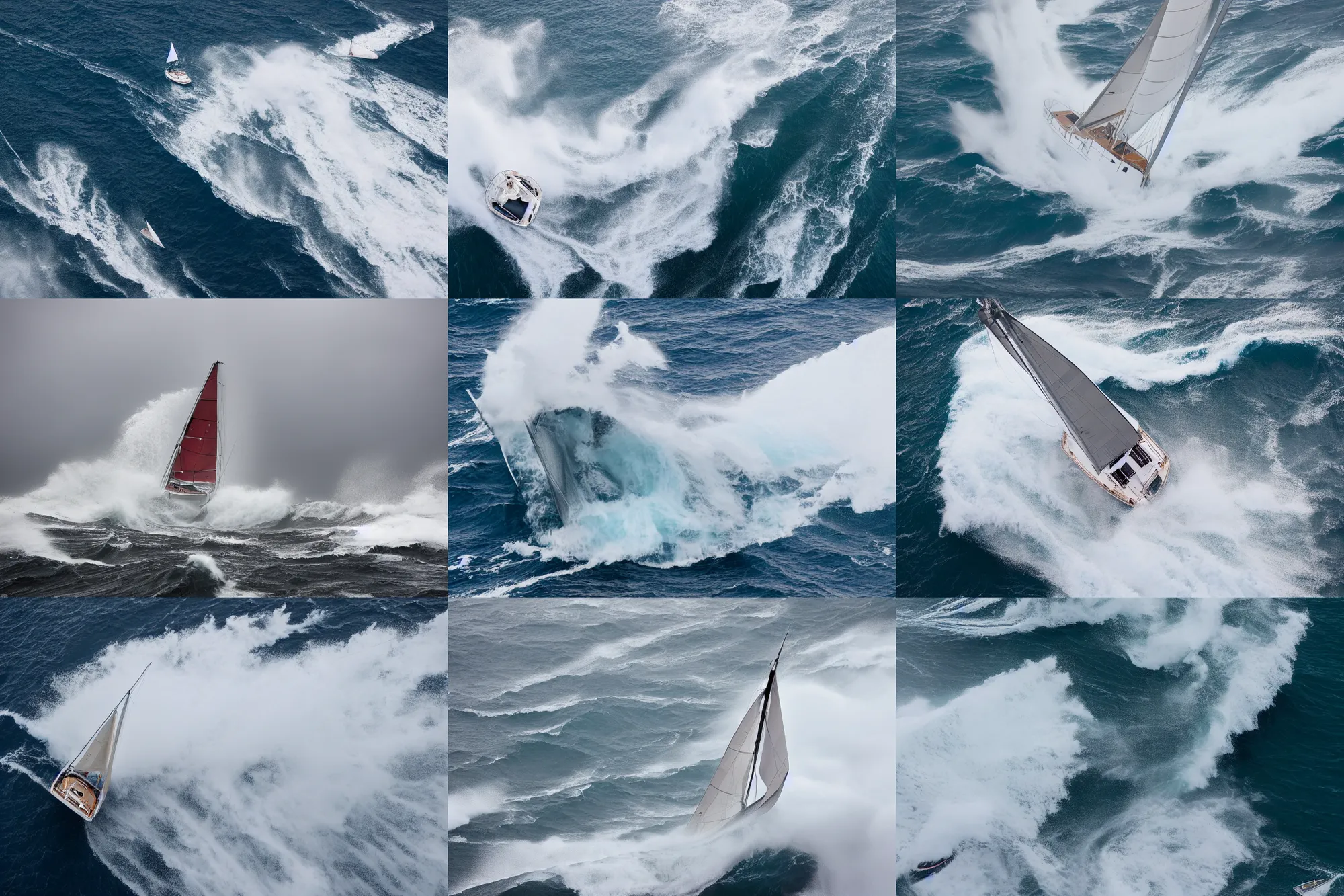 Prompt: top down photo at 45 degrees, of a sailing yacht in a severe storm, high seals and huge waves portraying helplessness, XF IQ4, 150MP, 50mm, f/1.4, ISO 200, 1/160s, natural light