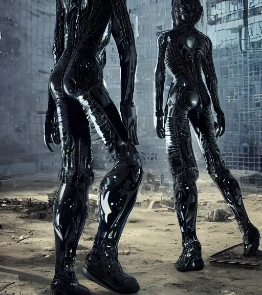 Image similar to gantz suit, tarkovsky greatest scene, aura of the ancient destroyed majestic tower of babylon, woman in gantz suit, futuristic cyber clothing, transparent puffer jacket, hyperealistic, blockchain, cyber world, ambient lighting, concept art, intricate, hyper detailed, smooth, dynamic volumetric lighting, octane, ray trace, cinematic, high quality, cgsociety