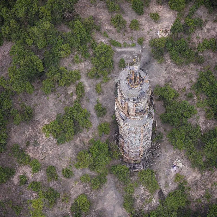 Prompt: aerial view of wizard's tower, photograph, 8 k