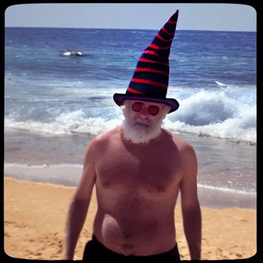 Image similar to instagram vacation photo of dumbledore the wizard wearing his wizard hat and wizard swim trunks at hawaii