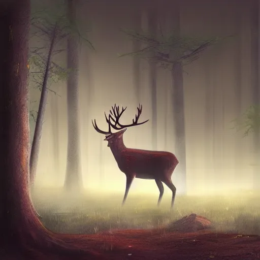 Prompt: electric big deer in misty forest, digital art, concept art, digital painting, trending on artstation, 4 k, high detail