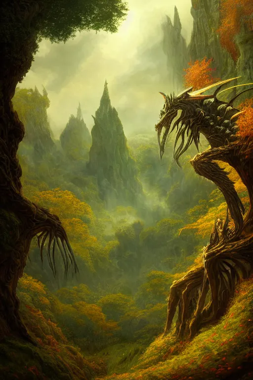 Prompt: a beautiful digital illustration painting of a detailed gothic fantasy valley and forest dragon fire fey unseelie, by benoit b. mandelbrot, steven belledin, martin johnson heade, lee madgwick, caspar david friedrich, and david rios ferreira. 8 k resolution trending on artstation concept art digital illustration