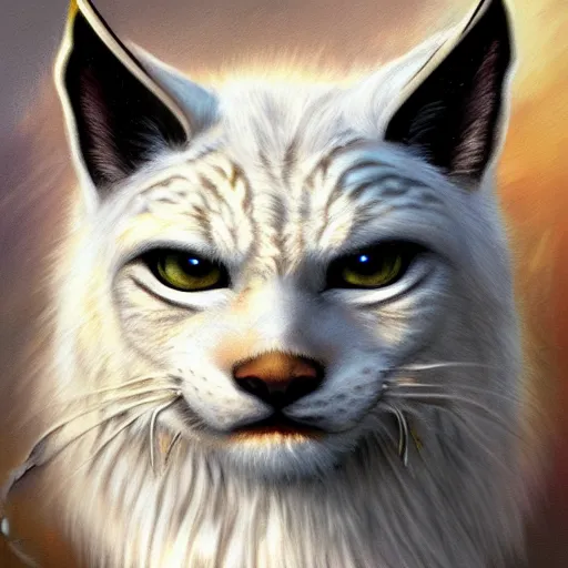 Image similar to furious white lynx portrait by Les Edwards and Noriyoshi Ohrai, furry art, steampunk fantasy style, 4k, trending on artstation