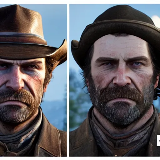 Image similar to arthur from rdr 2 high detailed face in russia reality 2 0 2 0 at russia, tolyatti sportivnaia street 7, cars, snow, buildings photorealism