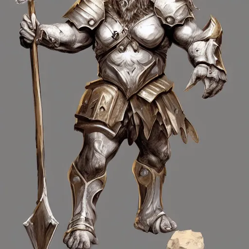 Image similar to Giant minotaur humanoid beast warrior with two handed axe, concept art, heavy white and golden armor, giant horns, full body, muscular, dungeons and dragons, hyperrealism, high details, digital painting, dark fantasy,